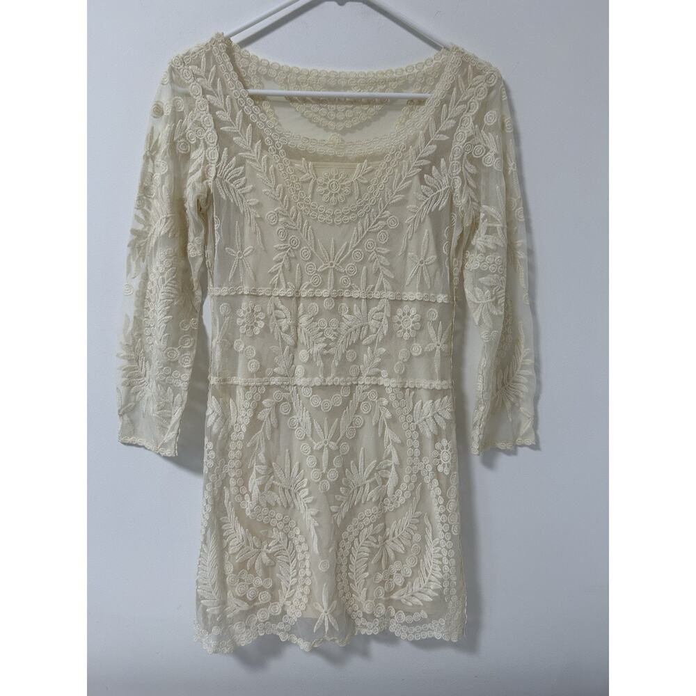 Y2K Lace Sheer Fairy Whimsy‎ Dress Short Ivory 3/4 Sleeve Express Womens - Picture 3 of 12